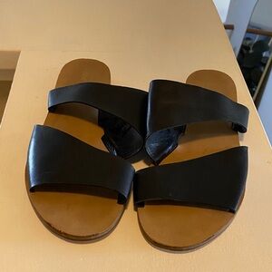 Nine West Black Leather Cross-Strap Slide Sandals